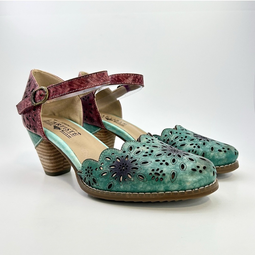 L'Artiste Spring Step Parchetta Blum Blue Multi Leather Heels Shoes 38 US 7.5-8